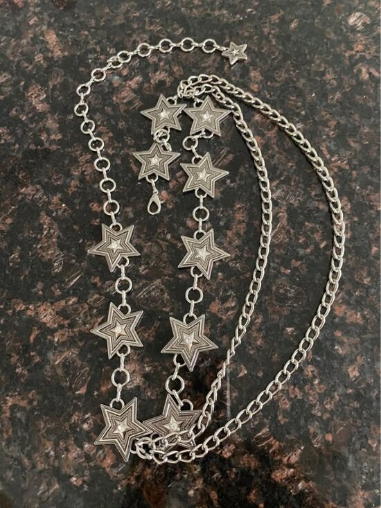 Source Unknown Accessories - Silver Layered Star Chain Belt with Rhinestones | Y2K Glam Waist Belt